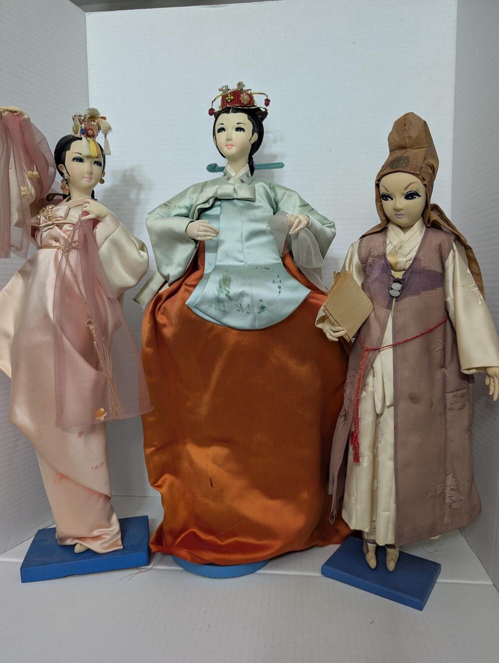 Vintage Korean Traditional Dolls Lot of 3, Silk Hanbok Figures Wooden Bases
